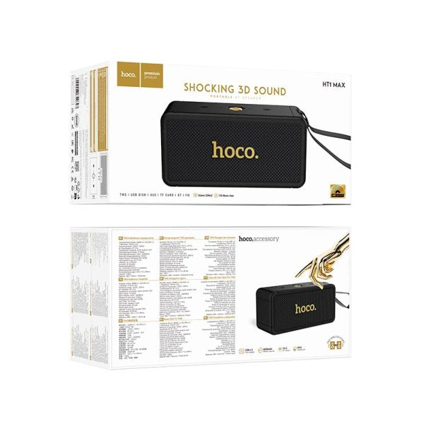 Caja del parlante HOCO HT1 Max negro, frente y reverso