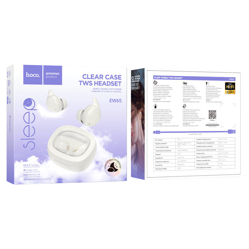 Packaging de los audífonos HOCO EW65 Sleep Clear Case