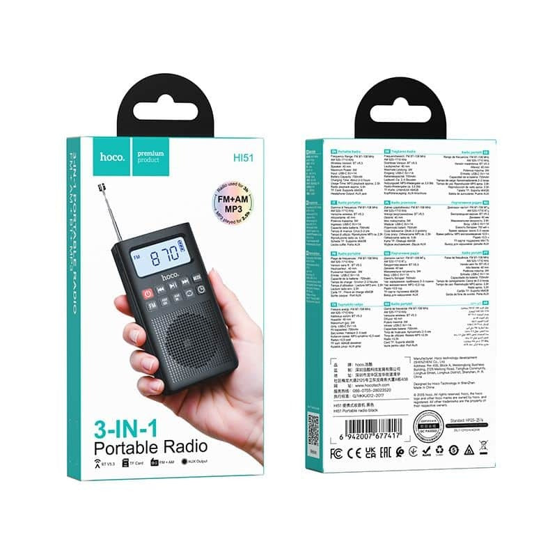 Caja original de la radio HOCO HI51 3 en 1, frente y reverso