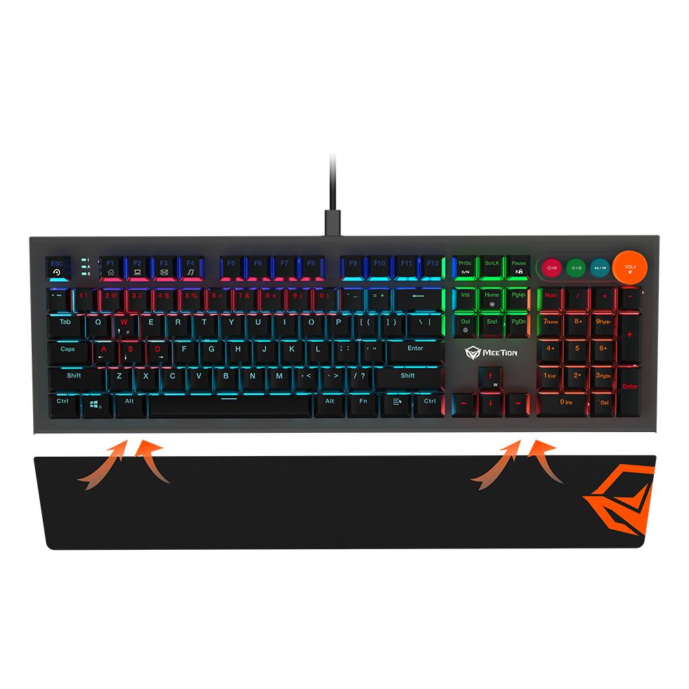 Vista frontal del teclado Meetion MK500 con reposamanos