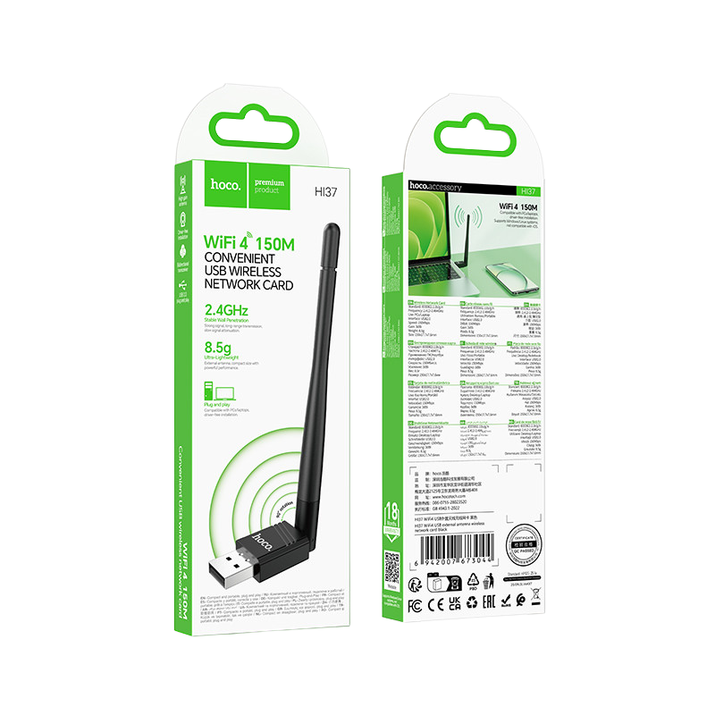 Detalle del adaptador WiFi USB HOCO HI37 negro