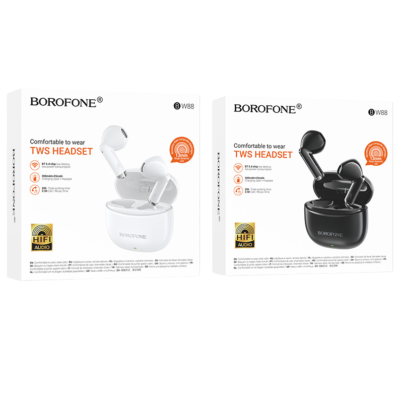 Packaging de los audífonos BOROFONE BW88 en negro y blanco