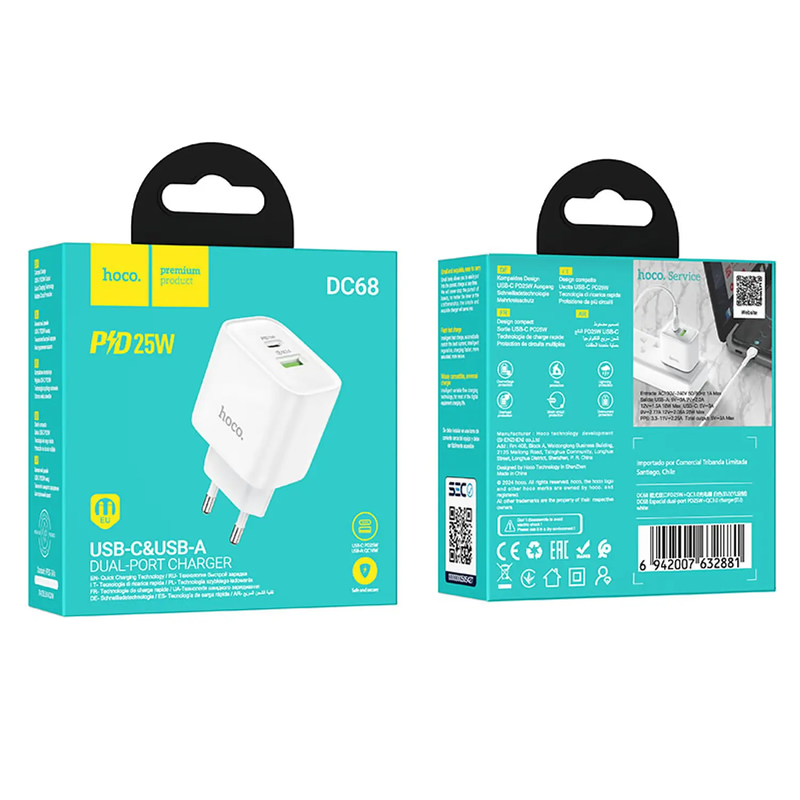 Cargador HOCO DC68 25W blanco con sello SEC
