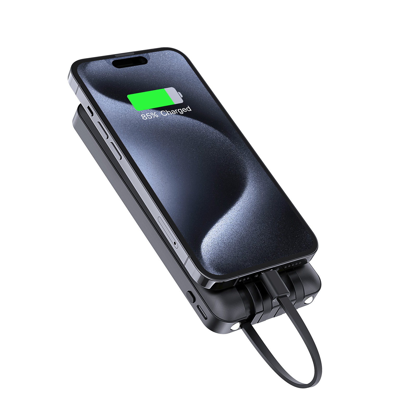 Power bank 1HORA GAR148 cargando un iPhone con cable integrado