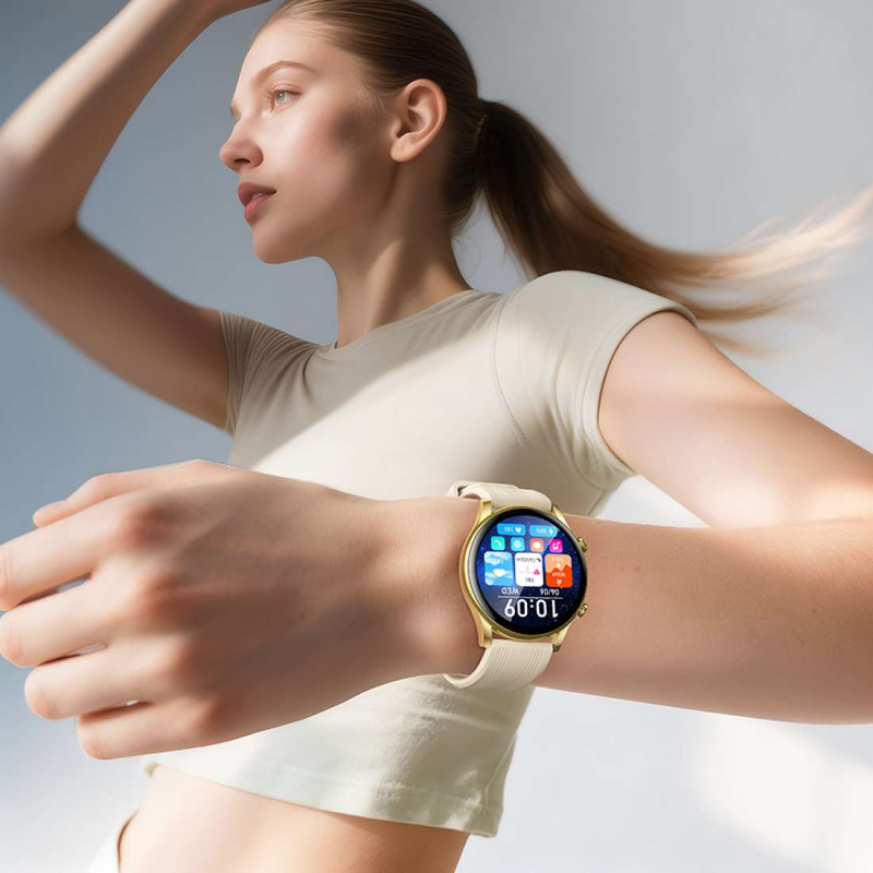 Mujer usando el smartwatch HOCO Y38 AMOLED dorado en la muñeca