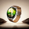 Smartwatch HOCO Y39 plateado con correa de cuero café y pantalla redonda