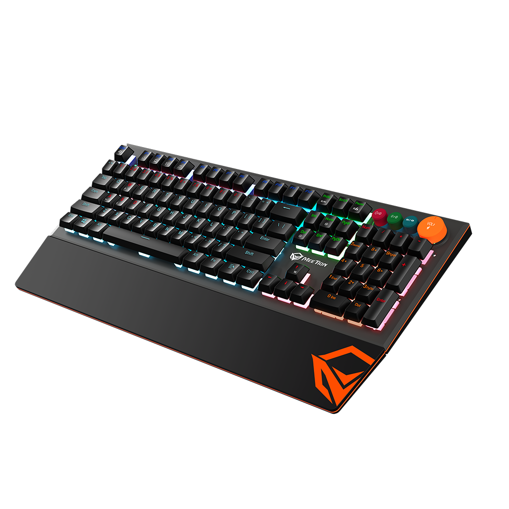 Teclado mecánico Meetion MK500 en ángulo con iluminación encendida