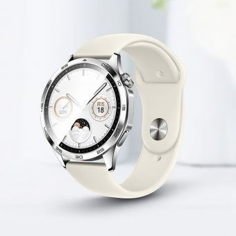 Correa HOCO WH11 de silicona beige de 20 mm montada en un reloj plateado