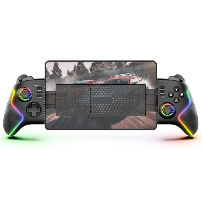 Control iPEGA PG-9122 sujetando una tablet con iluminación RGB verde