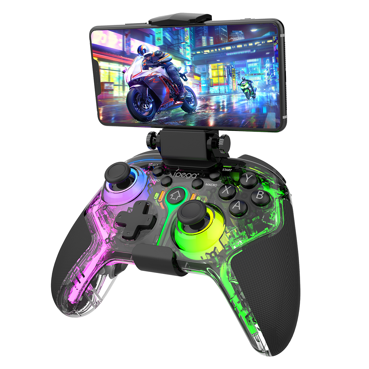 Control iPEGA PG-9666 con su soporte retráctil para celular desplegado