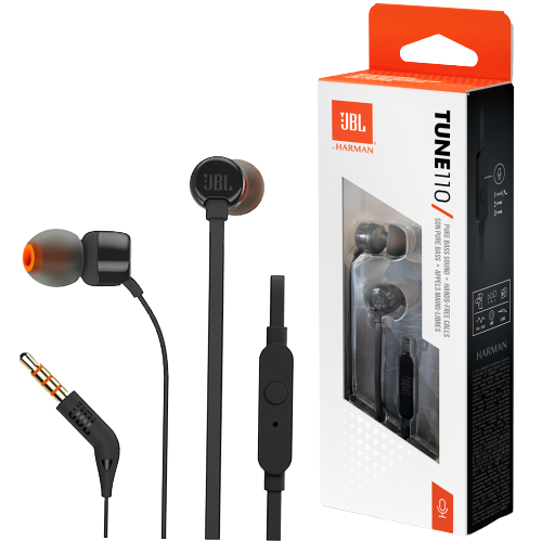 Audífonos JBL Tune 110 negro con cable plano y su caja