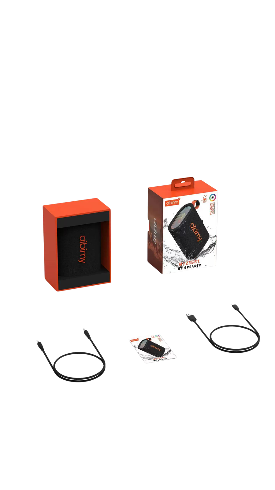 Contenido de la caja del AIBIMY MY235BT: parlante, cable de carga y manual