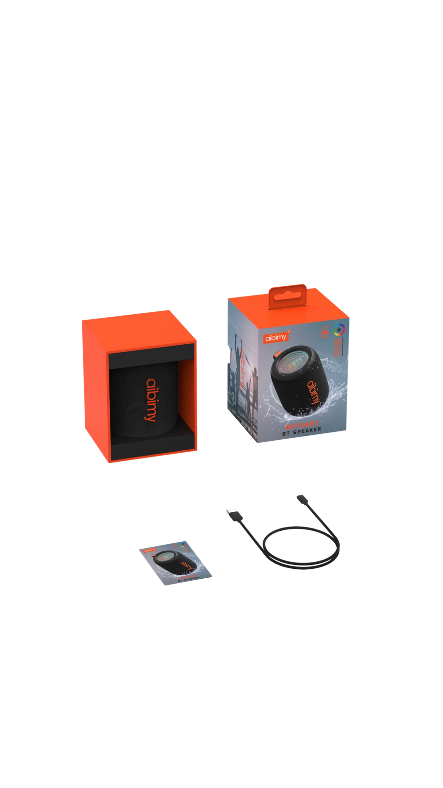 Contenido de la caja del AIBIMY MY134BT: parlante, cable de carga y manual