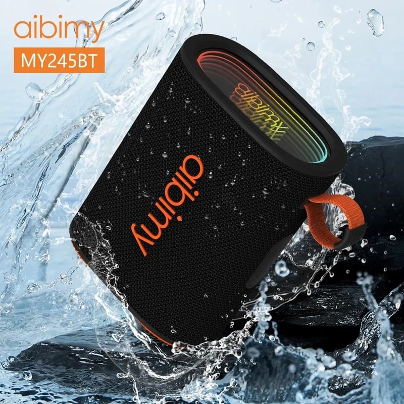 Parlante AIBIMY MY245BT negro con luces RGB encendidas entre salpicaduras de agua