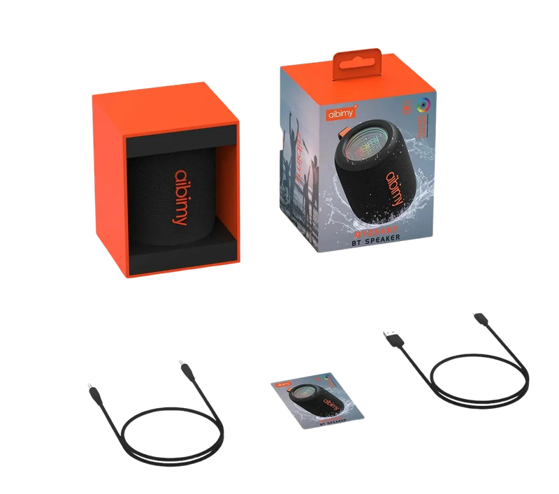 Contenido de la caja del AIBIMY MY234BT: parlante, cable de carga y manual