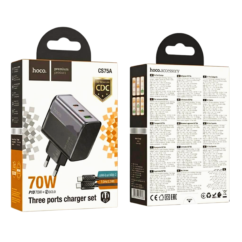 Cargador HOCO CS75A 70W de 3 puertos negro