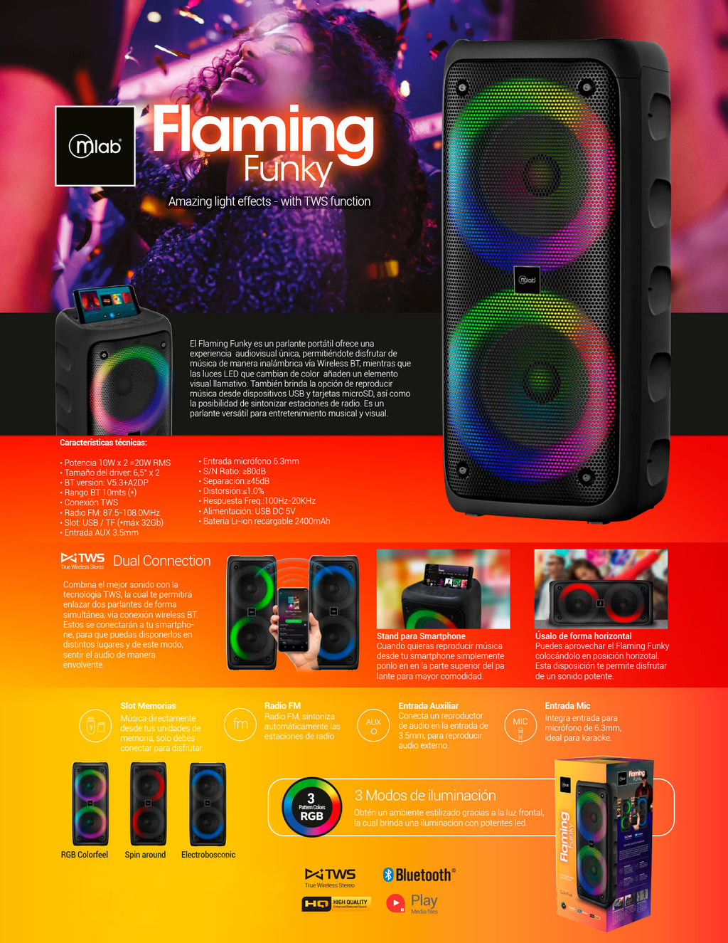 Ficha de características del parlante karaoke MLAB Flaming Funky