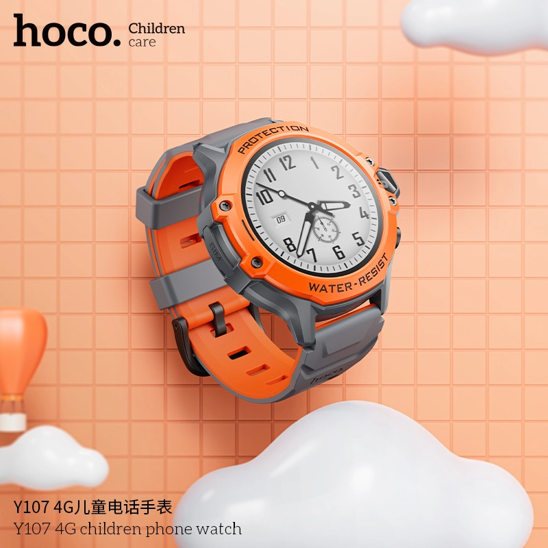 Smartwatch HOCO Y107 4G para niños con carcasa gris y correa naranja