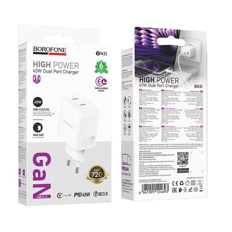 Cargador BOROFONE BN31 45W doble puerto USB-C