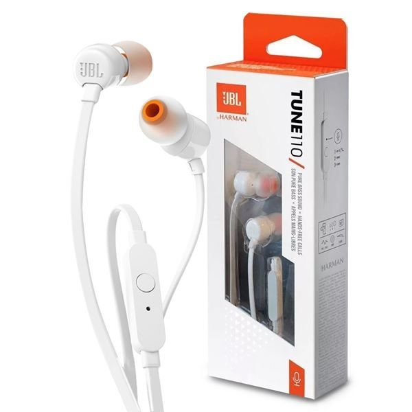Audífonos JBL Tune 110 blanco con cable plano y su caja