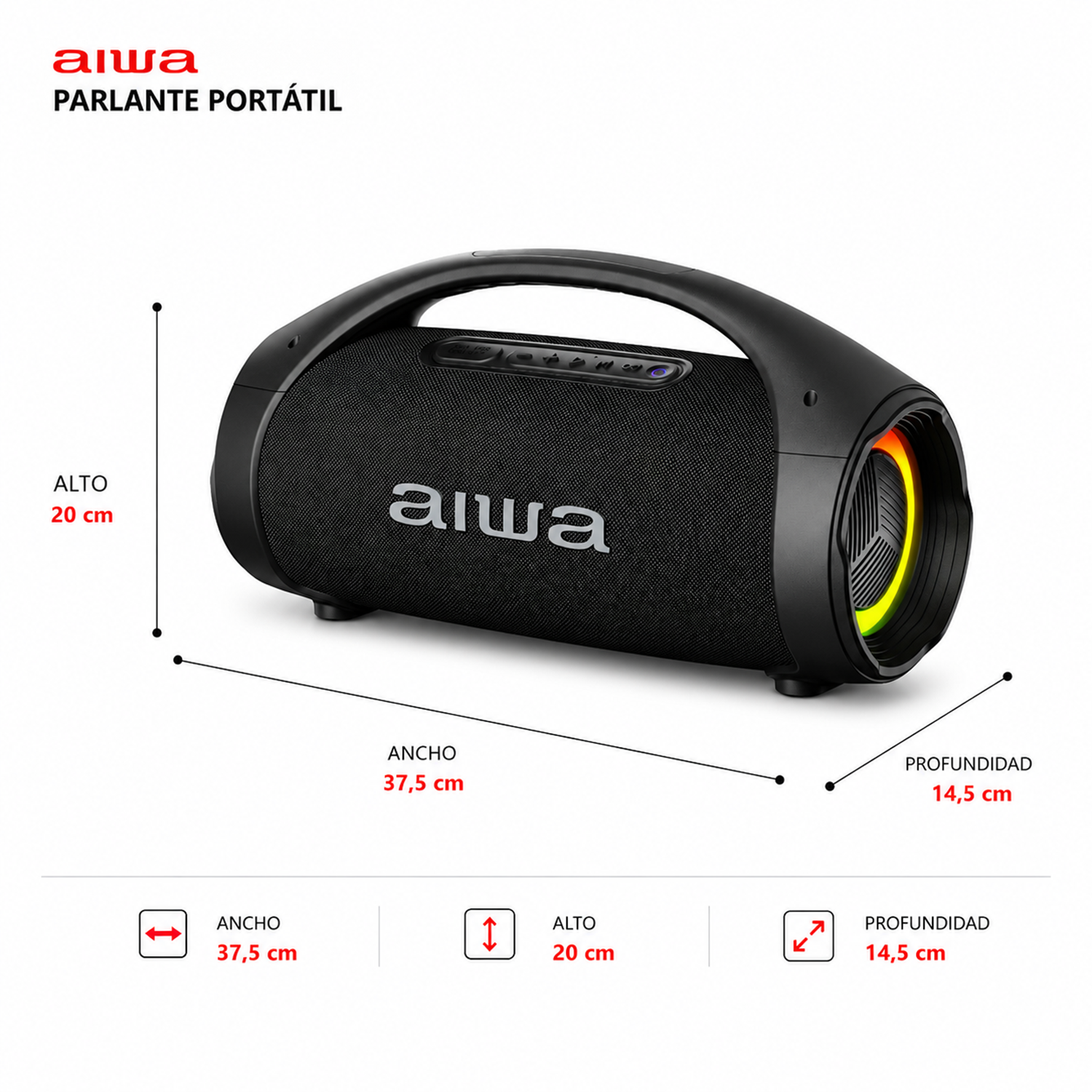 Medidas del parlante AIWA AW-S144BT: 37,5 cm de ancho, 20 cm de alto y 14,5 cm de profundidad