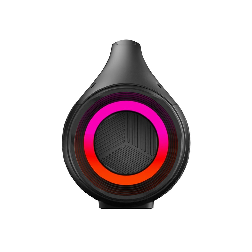 Vista frontal del parlante AIWA AW-S144BT con el anillo de luces RGB encendido
