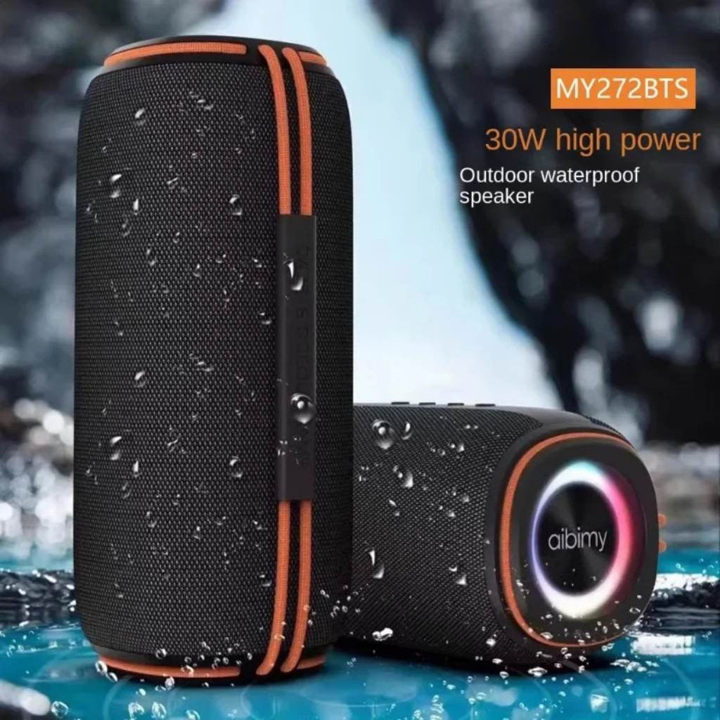 Parlante AIBIMY MY272BTS negro y naranja resistente al agua con luces RGB y gotas de agua