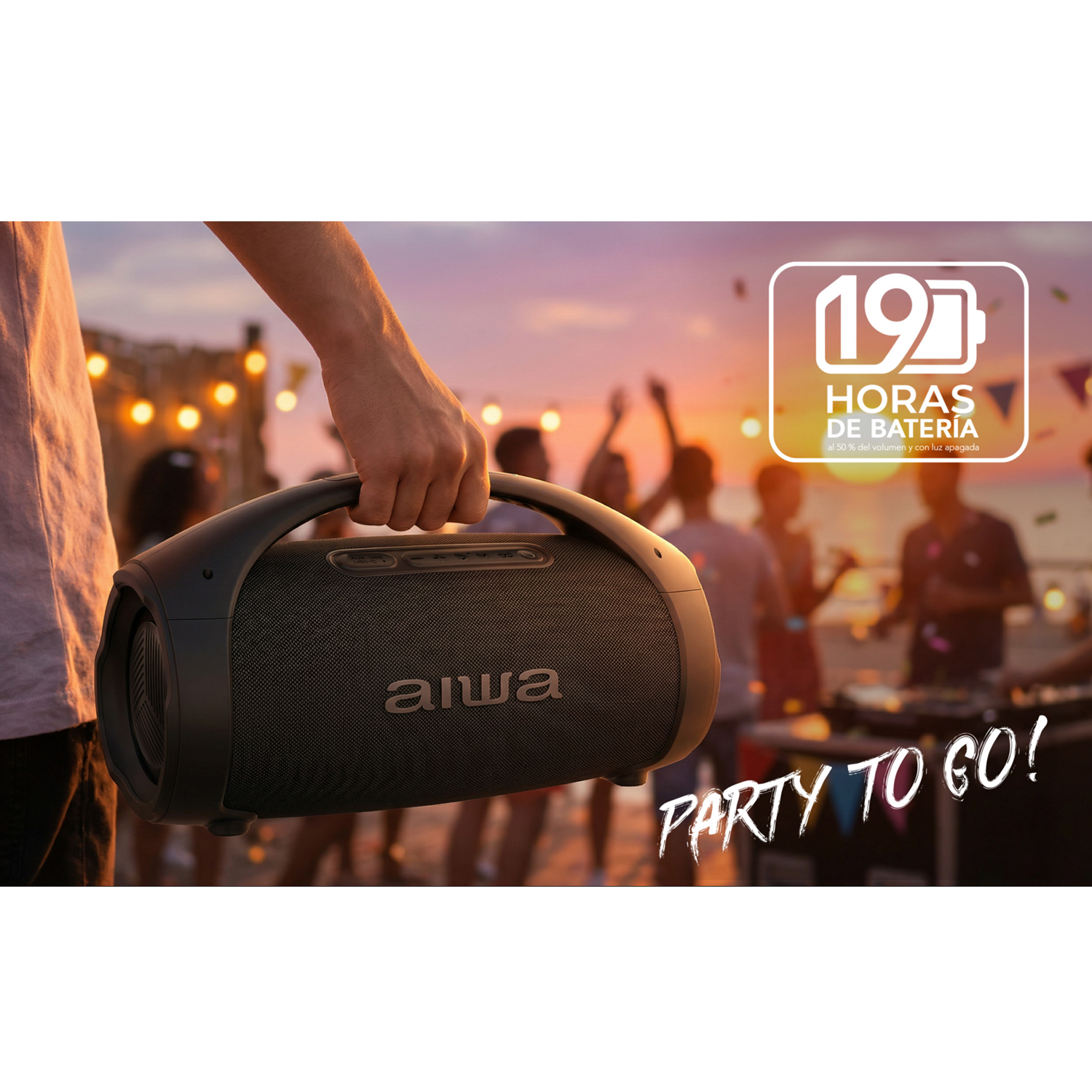 Parlante AIWA AW-S144BT en una fiesta al aire libre con 19 horas de batería