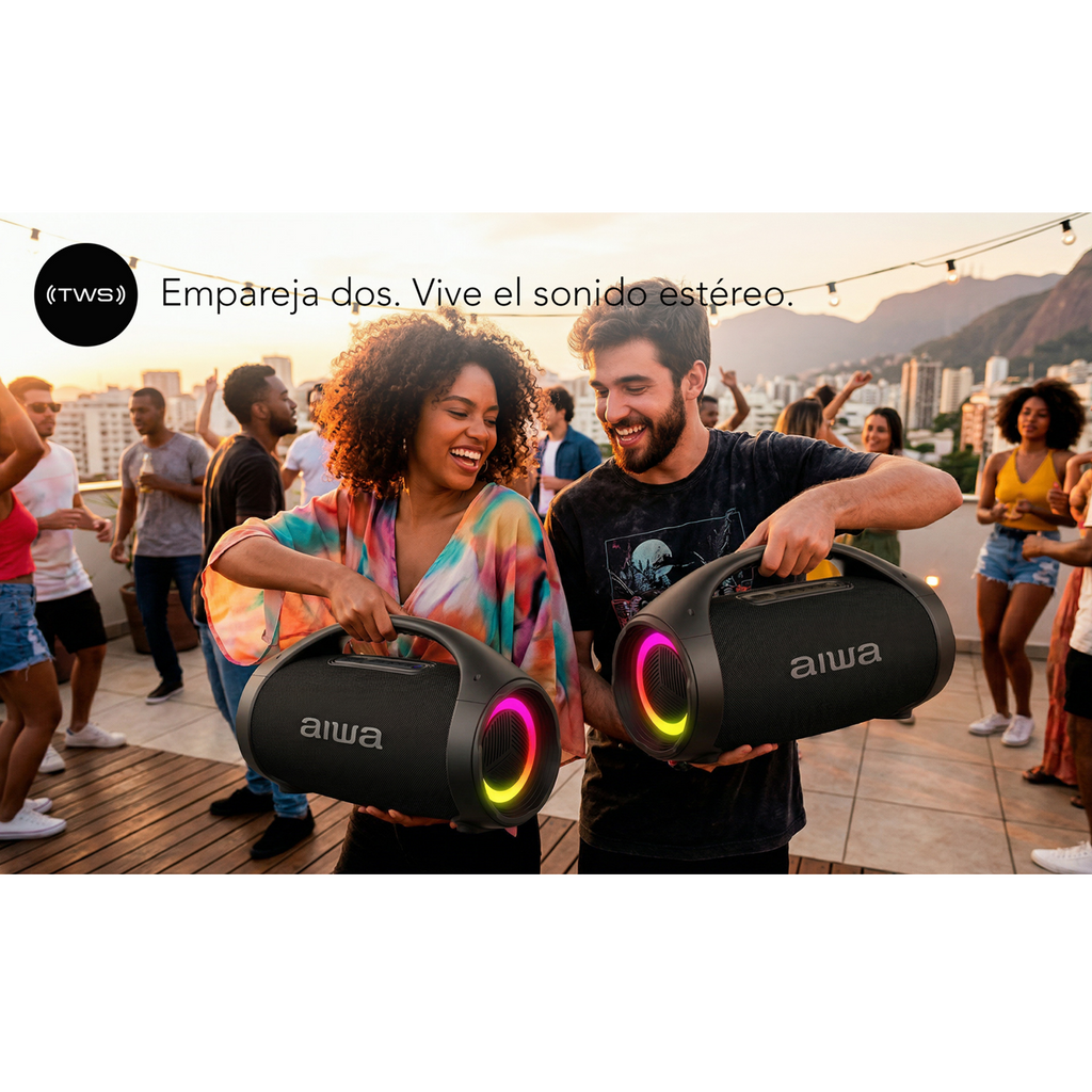 Dos parlantes AIWA AW-S144BT emparejados por TWS en sonido estéreo