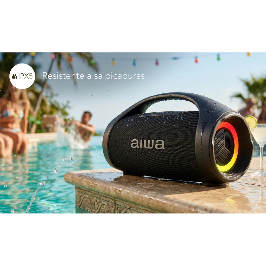 Parlante AIWA AW-S144BT junto a una piscina, resistente a salpicaduras IPX5