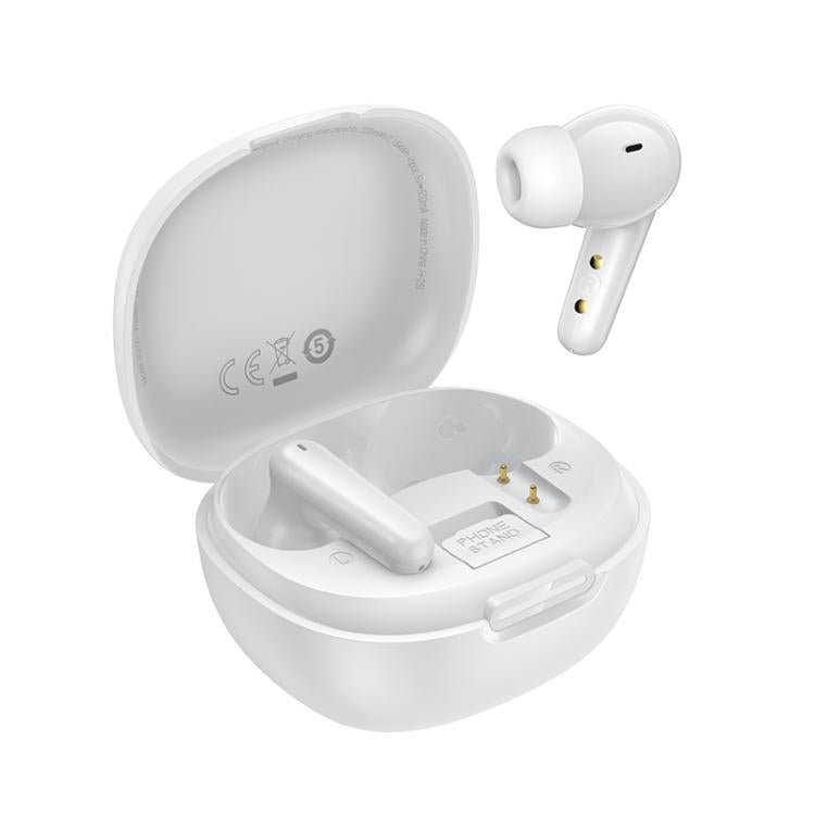 Audífonos HOCO EQ100 blancos con traducción IA y estuche con soporte