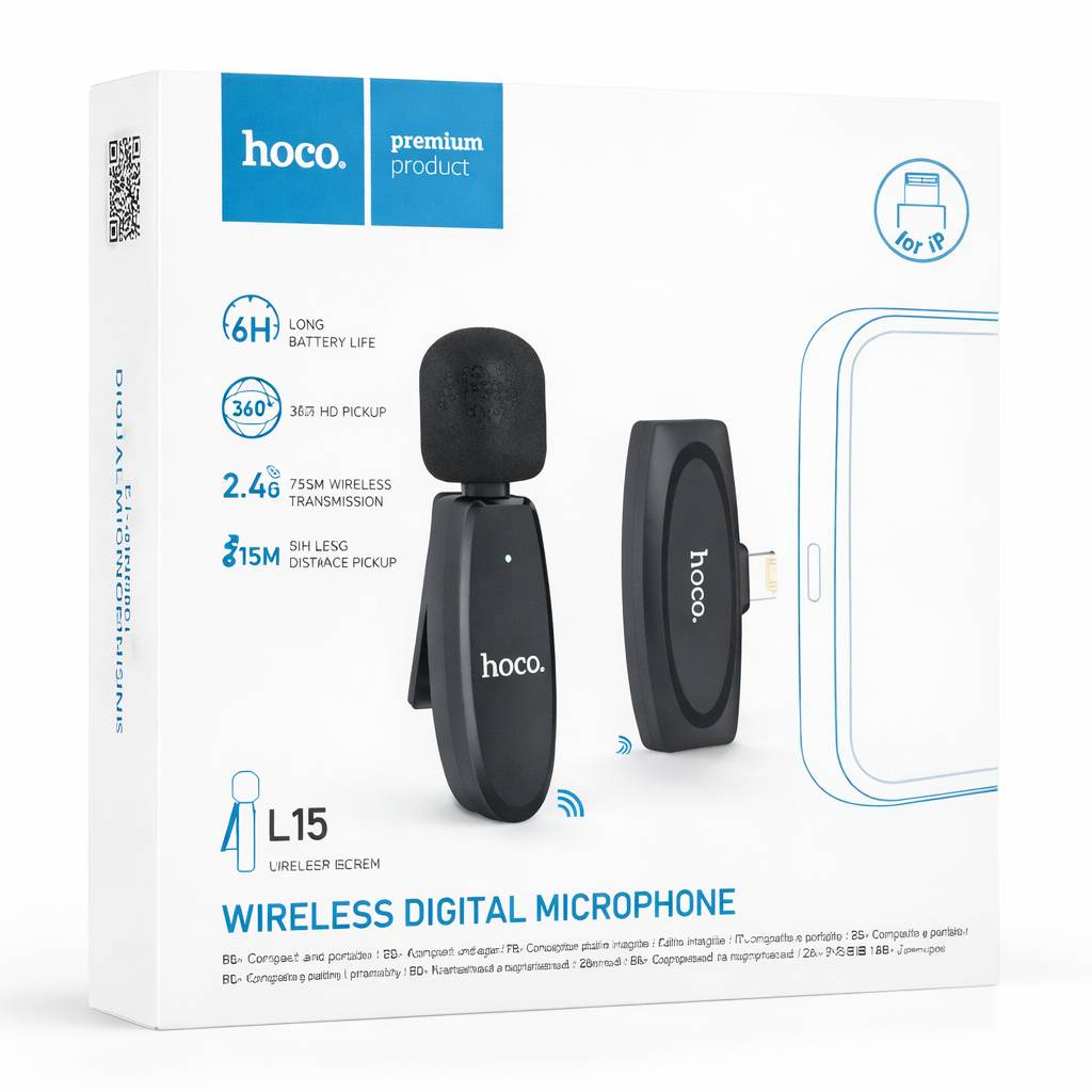 Micrófono Inalámbrico HOCO L15 – Lavalier Digital Wireless (Tipo C / Lightning / Dual)