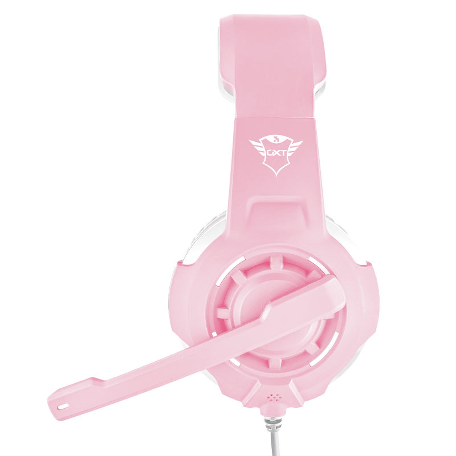 Detalle del logo Trust Gaming en audífonos GXT 310P Radius rosados