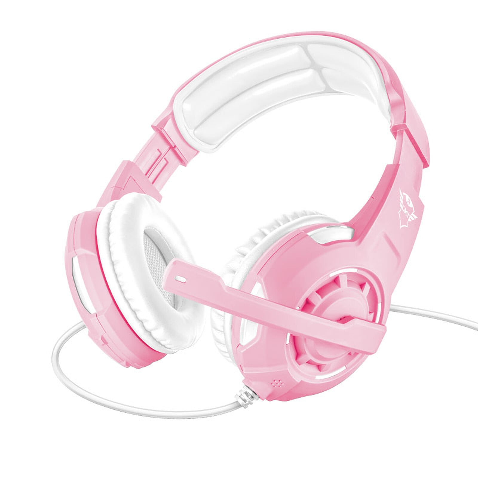 Audífonos Trust GXT 310P Radius rosados vista lateral con micrófono