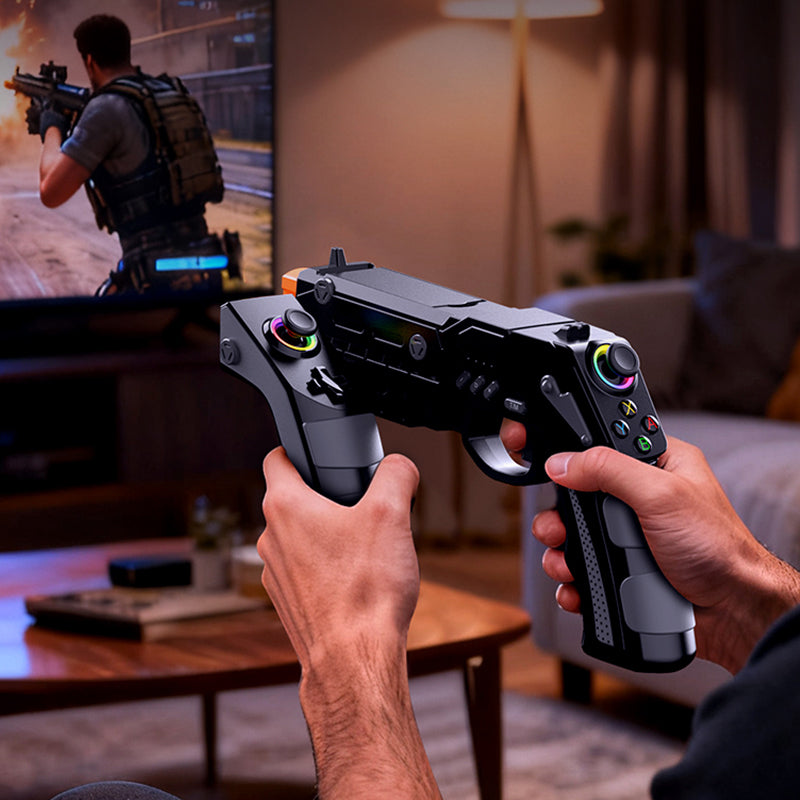 Persona sosteniendo la pistola inalámbrica iPEGA PG-SW2257 frente a un televisor