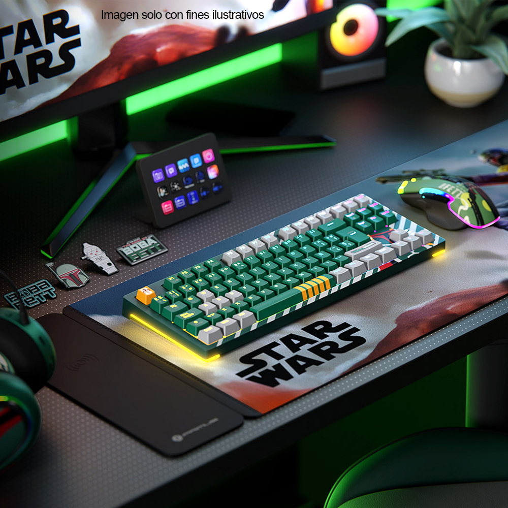 Setup de escritorio gamer con el teclado Primus Ballista 82T Star Wars Boba Fett