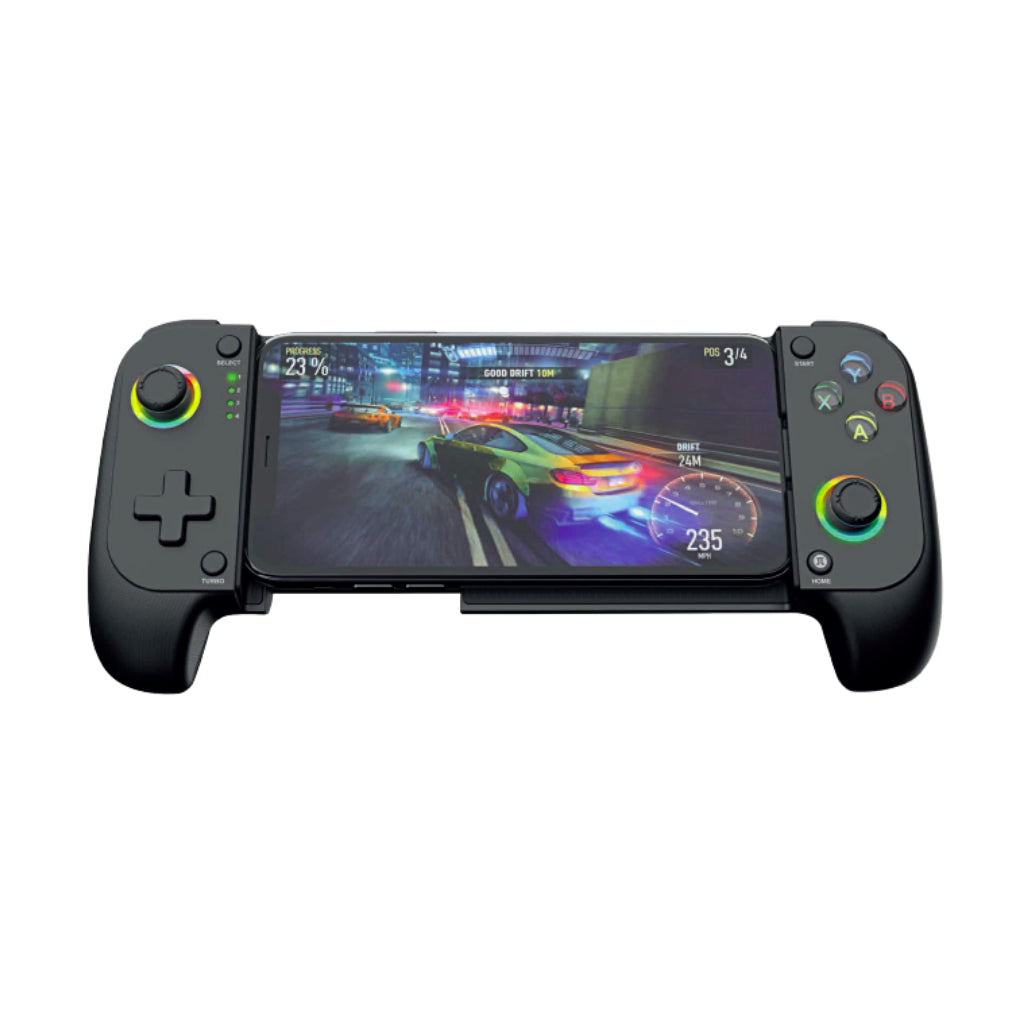 Control inalámbrico Primus Gaming Victor 01BT con un celular montado mostrando un juego