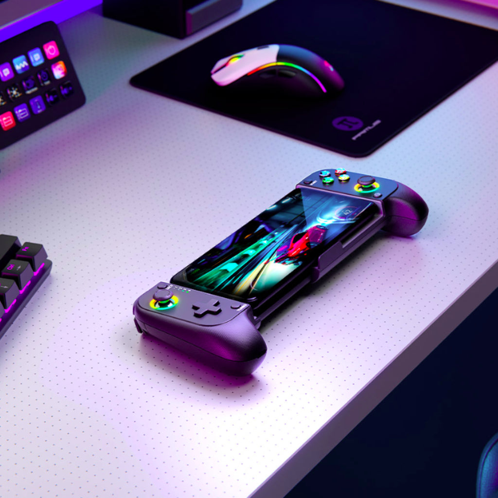 Control Primus Victor 01BT sobre un escritorio gamer con iluminación RGB