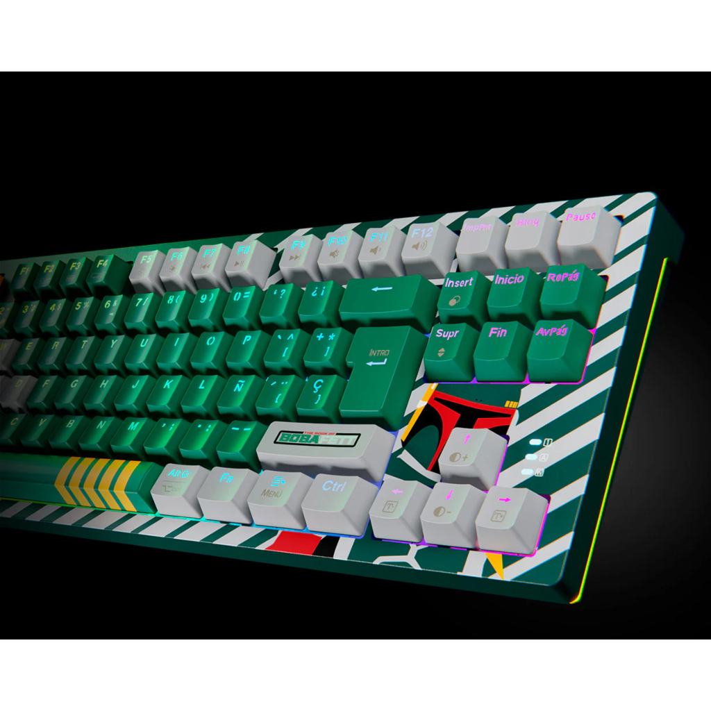 Vista lateral del teclado mecánico Primus Ballista 82T edición Boba Fett