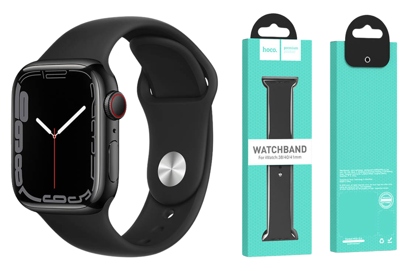 Correa HOCO WA01 de silicona negra para Apple Watch con su packaging