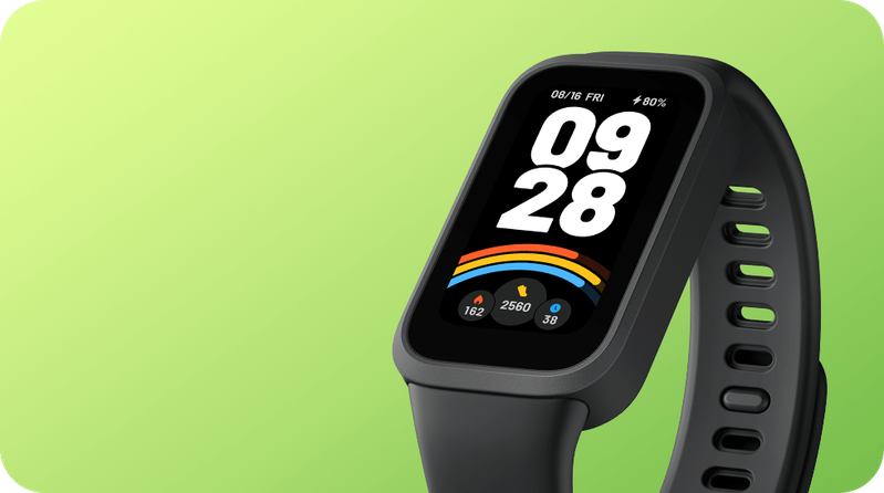 Xiaomi Smart Band 9 Active negra con correa verde y pantalla TFT a color