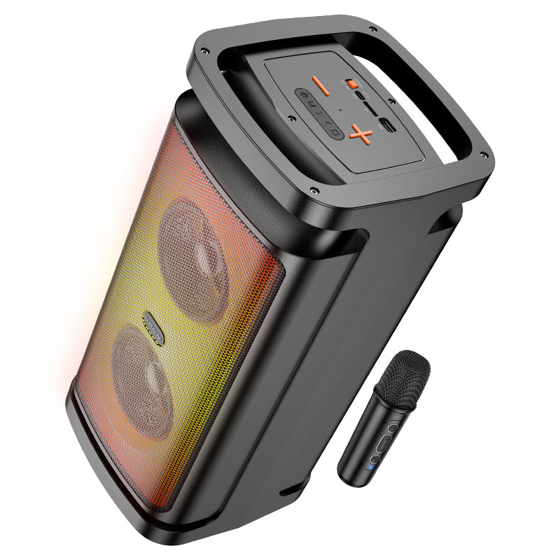 Parlante karaoke BOROFONE BP25 Vida negro con luces RGB encendidas y micrófono inalámbrico
