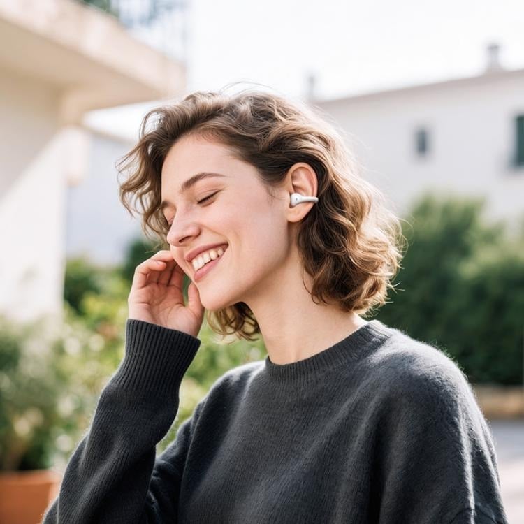 Persona usando los audífonos open ear HOCO EA8 con clip