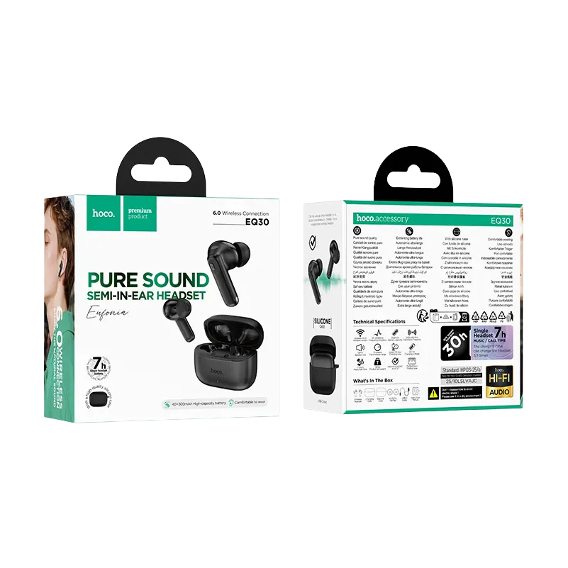 Packaging de los audífonos HOCO EQ30 Eufonia color negro