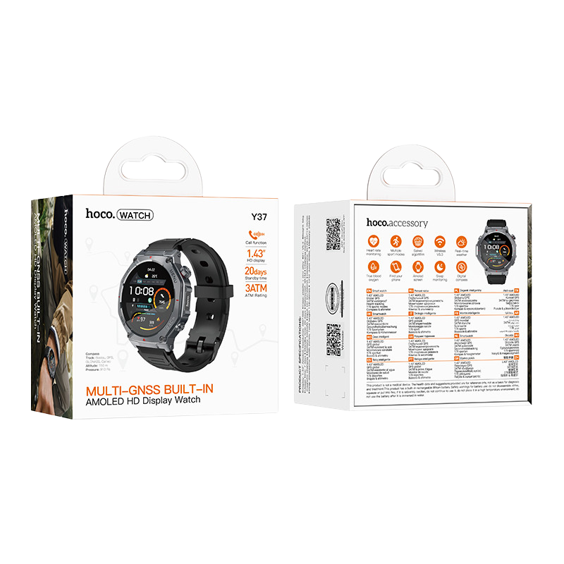 Packaging del HOCO Y37 con pantalla AMOLED y GPS multi-GNSS