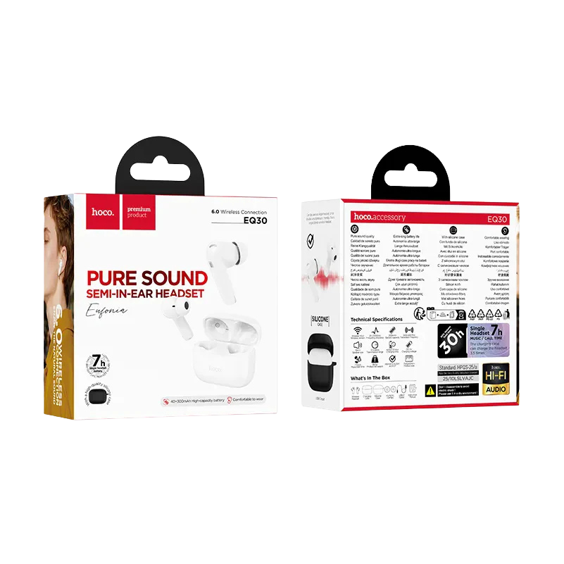 Packaging de los audífonos HOCO EQ30 Eufonia color blanco