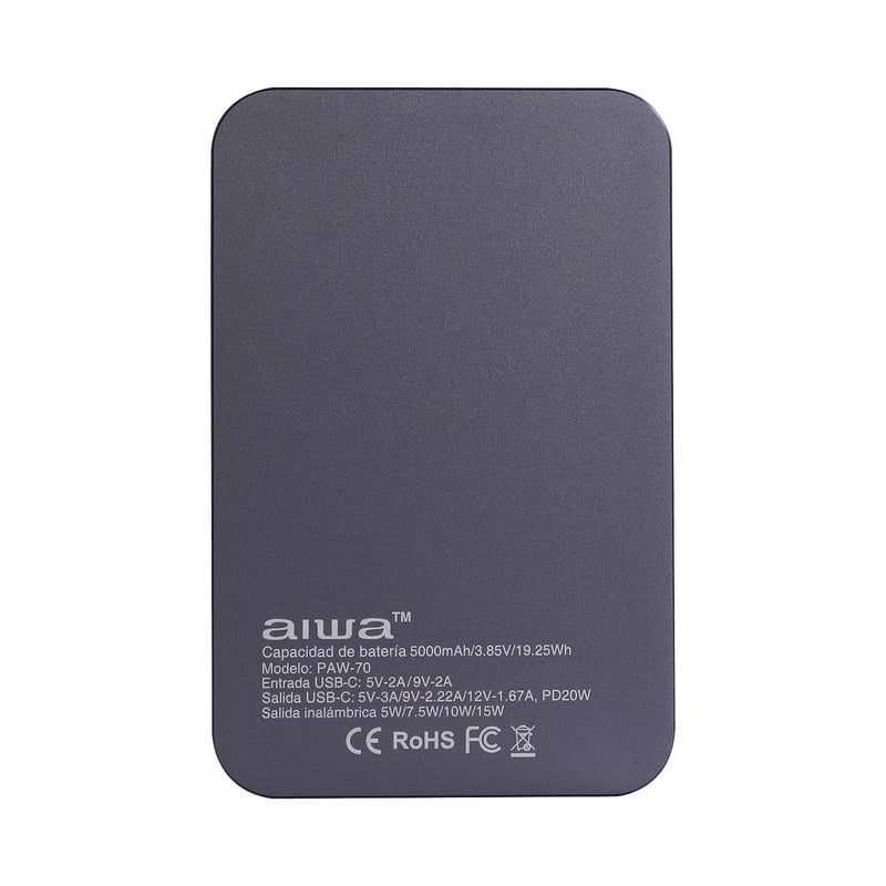Parte trasera del power bank AIWA PAW-70 con sus especificaciones