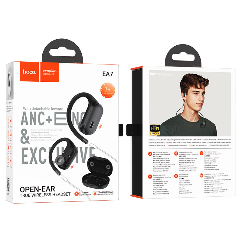 Caja y packaging de los audífonos HOCO EA7 Suerte negros