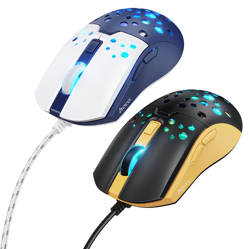 Mouse gamer HOCO GM51 Sky en sus dos colores: negro con amarillo y blanco con azul
