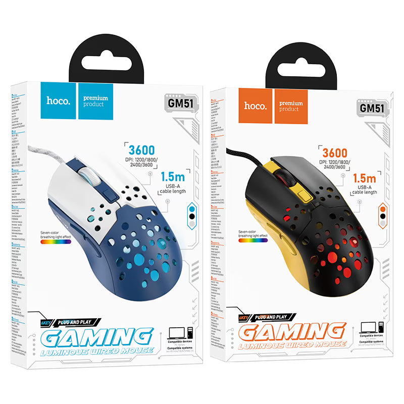 Cajas del mouse gamer HOCO GM51 Sky en sus dos colores
